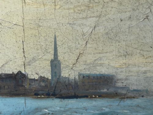 MARINE GEORGIAN OIL PAINTING FISHING BOAT HEADING OUT BRISK WINDS - ADDITIONAL PHOTO 10