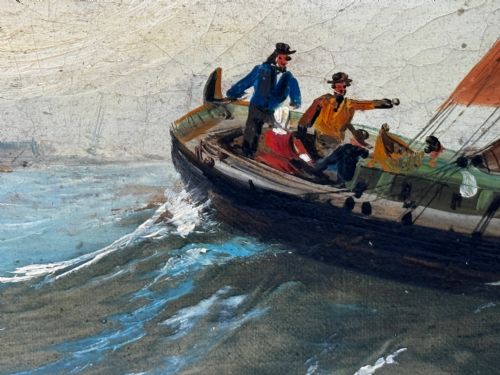 MARINE GEORGIAN OIL PAINTING FISHING BOAT HEADING OUT BRISK WINDS - ADDITIONAL PHOTO 12