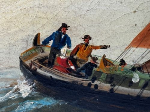 MARINE GEORGIAN OIL PAINTING FISHING BOAT HEADING OUT BRISK WINDS - ADDITIONAL PHOTO 13