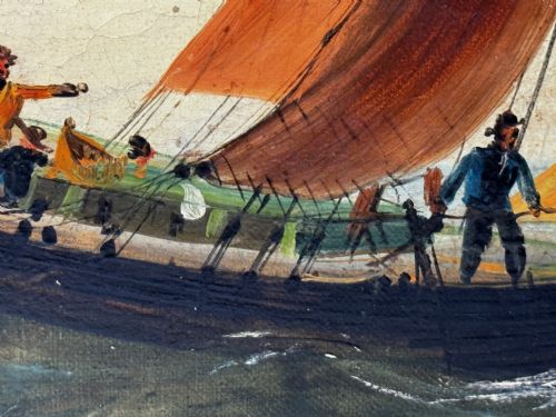 MARINE GEORGIAN OIL PAINTING FISHING BOAT HEADING OUT BRISK WINDS - ADDITIONAL PHOTO 14