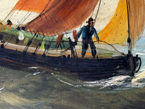 MARINE GEORGIAN OIL PAINTING FISHING BOAT HEADING OUT BRISK WINDS - ADDITIONAL PHOTO 15