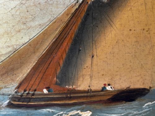 MARINE GEORGIAN OIL PAINTING FISHING BOAT HEADING OUT BRISK WINDS - ADDITIONAL PHOTO 18