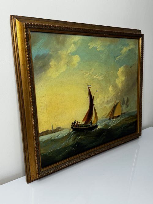 MARINE GEORGIAN OIL PAINTING FISHING BOAT HEADING OUT BRISK WINDS - ADDITIONAL PHOTO 29