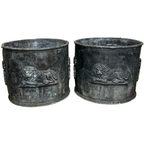 pair british georgian regal lion heavy lead garden round planters - CATEGORY: ANTIQUE METAL - DATED GEORGIAN