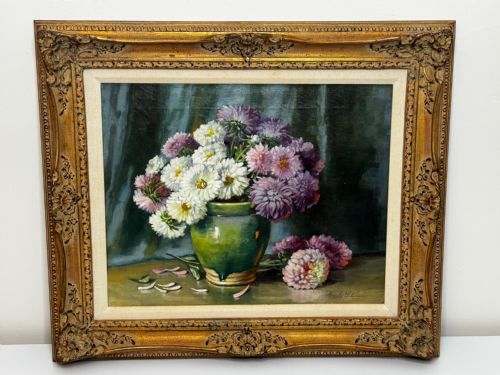 VICTORIAN OIL PAINTING FLOWERS CHRYSANTHEMUMS VASE BY EMILY SELINGER - ADDITIONAL PHOTO 1