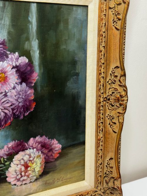 VICTORIAN OIL PAINTING FLOWERS CHRYSANTHEMUMS VASE BY EMILY SELINGER - ADDITIONAL PHOTO 2