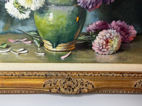 VICTORIAN OIL PAINTING FLOWERS CHRYSANTHEMUMS VASE BY EMILY SELINGER - ADDITIONAL PHOTO 3