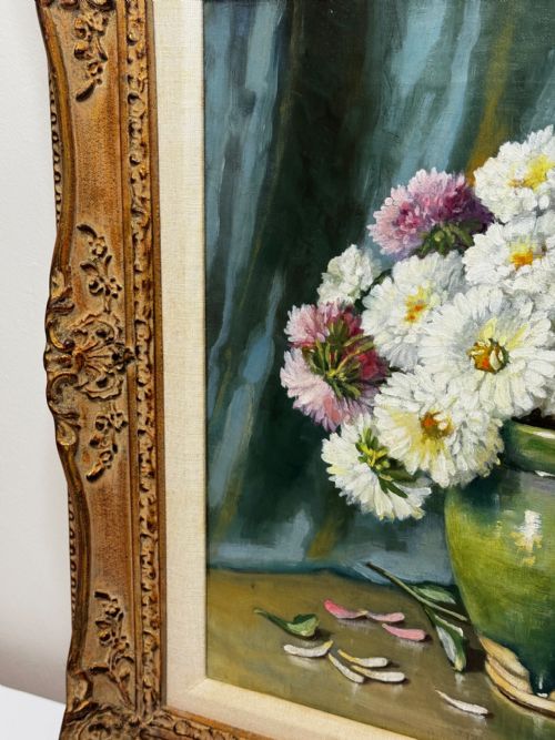 VICTORIAN OIL PAINTING FLOWERS CHRYSANTHEMUMS VASE BY EMILY SELINGER - ADDITIONAL PHOTO 5