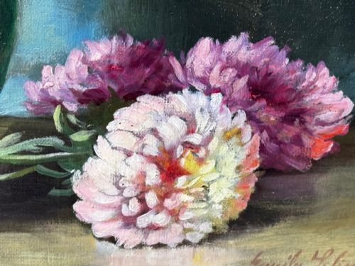 VICTORIAN OIL PAINTING FLOWERS CHRYSANTHEMUMS VASE BY EMILY SELINGER - ADDITIONAL PHOTO 14