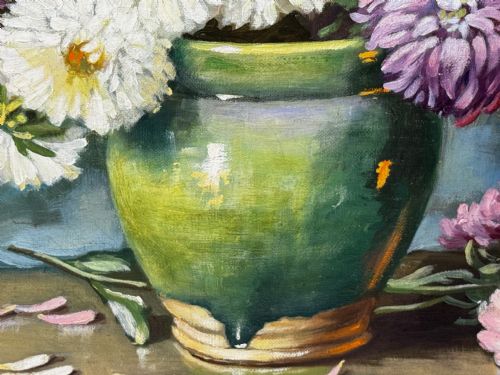 VICTORIAN OIL PAINTING FLOWERS CHRYSANTHEMUMS VASE BY EMILY SELINGER - ADDITIONAL PHOTO 15