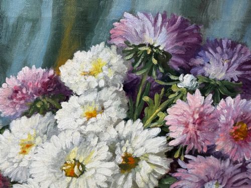 VICTORIAN OIL PAINTING FLOWERS CHRYSANTHEMUMS VASE BY EMILY SELINGER - ADDITIONAL PHOTO 18