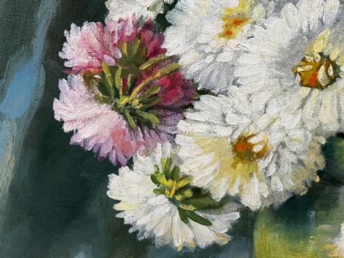 VICTORIAN OIL PAINTING FLOWERS CHRYSANTHEMUMS VASE BY EMILY SELINGER - ADDITIONAL PHOTO 19