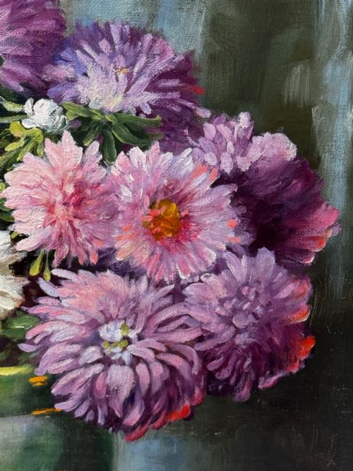VICTORIAN OIL PAINTING FLOWERS CHRYSANTHEMUMS VASE BY EMILY SELINGER - ADDITIONAL PHOTO 20