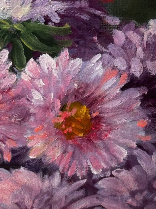 VICTORIAN OIL PAINTING FLOWERS CHRYSANTHEMUMS VASE BY EMILY SELINGER - ADDITIONAL PHOTO 22