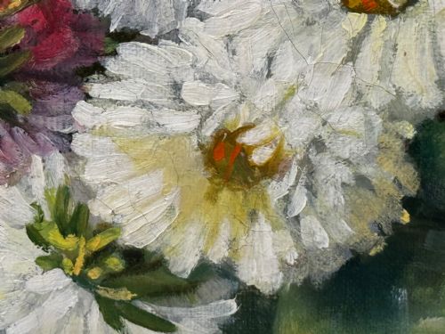 VICTORIAN OIL PAINTING FLOWERS CHRYSANTHEMUMS VASE BY EMILY SELINGER - ADDITIONAL PHOTO 25