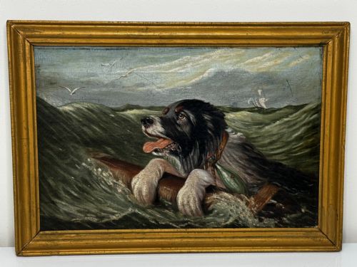 fig 1. An antique oil painting depicting a Saint Bernard dog swimming in sea waves while clinging to a wooden spar, set within a gilded wooden frame.