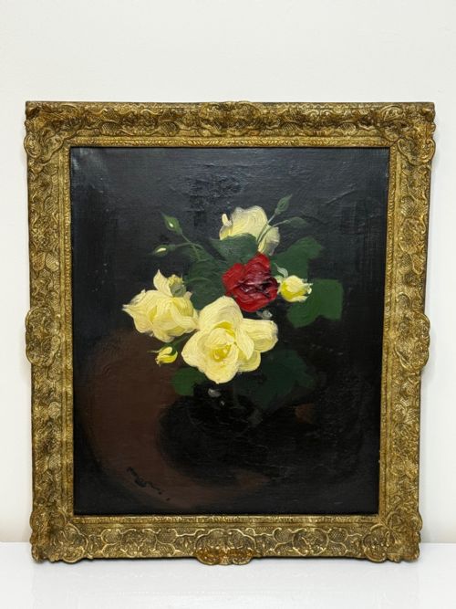 VICTORIAN OIL PAINTING FLOWERS YELLOW RED ROSES BY JAMES STUART PARK - ADDITIONAL PHOTO 1