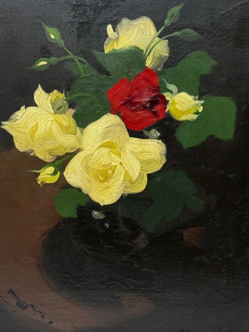 VICTORIAN OIL PAINTING FLOWERS YELLOW RED ROSES BY JAMES STUART PARK - ADDITIONAL PHOTO 3