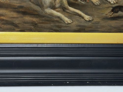 fig 4. A Victorian oil painting framed in ebonised timber and a gilt slip, depicting two white and dark-marked terriers pursuing a rat inside a barn.