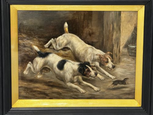 fig 6. A Victorian oil painting framed in ebonised timber and a gilt slip, depicting two white and dark-marked terriers pursuing a rat inside a barn.