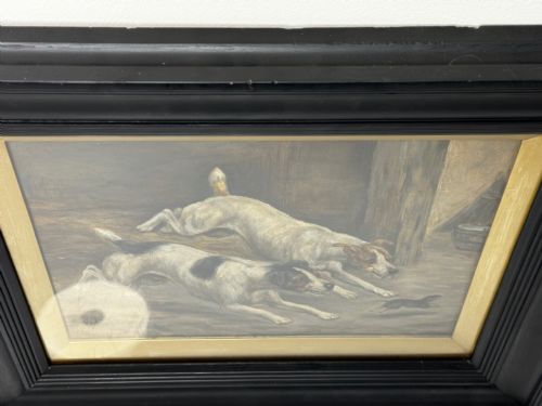 fig 7. A Victorian oil painting framed in ebonised timber and a gilt slip, depicting two white and dark-marked terriers pursuing a rat inside a barn.