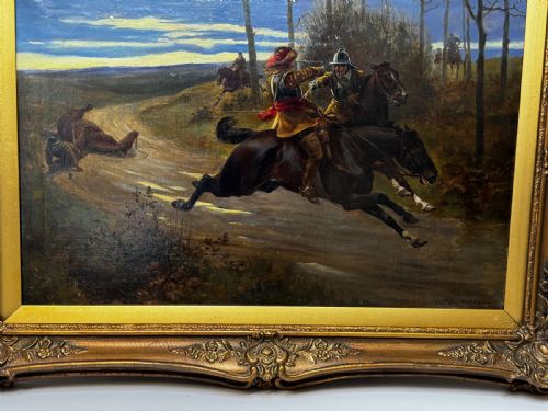VICTORIAN OIL PAINTING CIVIL WAR ROYALIST PURSUED BY ROUNDHEADS ESCAPE - ADDITIONAL PHOTO 2
