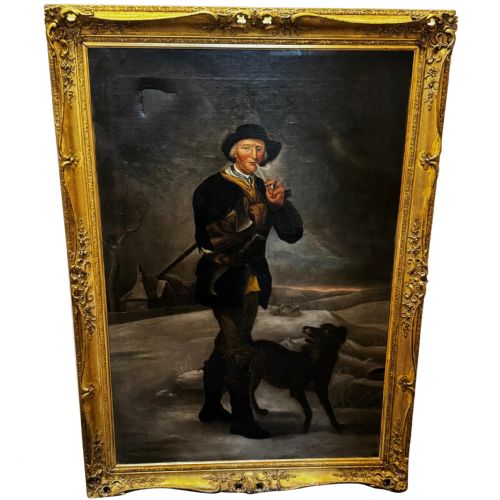 large oil painting victorian pipe smoker woodcutter dog - CATEGORY: ANTIQUE ART - DATED VICTORIAN
