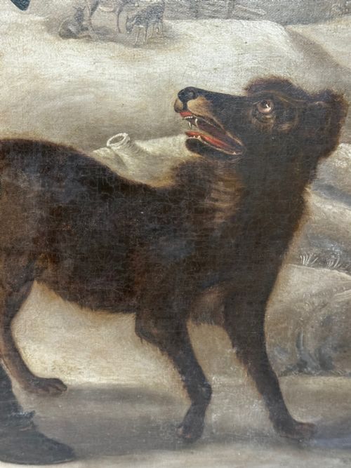 LARGE OIL PAINTING VICTORIAN PIPE SMOKER WOODCUTTER DOG - ADDITIONAL PHOTO 5