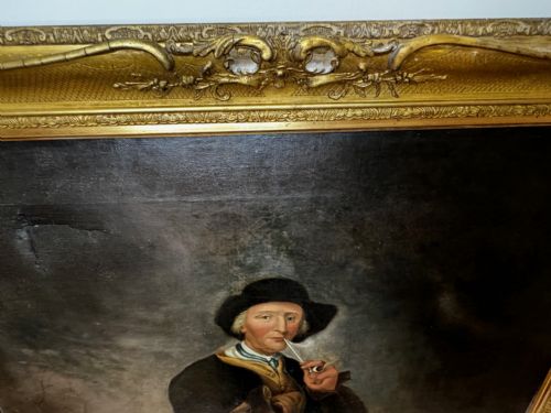 LARGE OIL PAINTING VICTORIAN PIPE SMOKER WOODCUTTER DOG - ADDITIONAL PHOTO 13