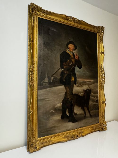 LARGE OIL PAINTING VICTORIAN PIPE SMOKER WOODCUTTER DOG - ADDITIONAL PHOTO 29