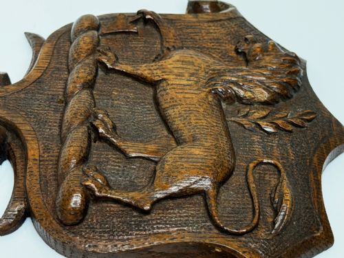 19TH CENTURY PUGIN DESIGN CARVED TIGER OAK HERALDIC LION SHIELD CREST - ADDITIONAL PHOTO 19