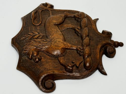 19TH CENTURY PUGIN DESIGN CARVED TIGER OAK HERALDIC LION SHIELD CREST - ADDITIONAL PHOTO 22