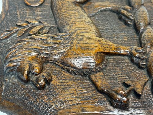 19TH CENTURY PUGIN DESIGN CARVED TIGER OAK HERALDIC LION SHIELD CREST - ADDITIONAL PHOTO 23
