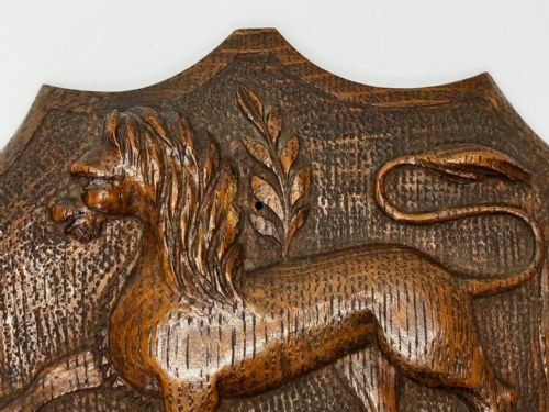 19TH CENTURY PUGIN DESIGN CARVED TIGER OAK HERALDIC LION SHIELD CREST - ADDITIONAL PHOTO 26