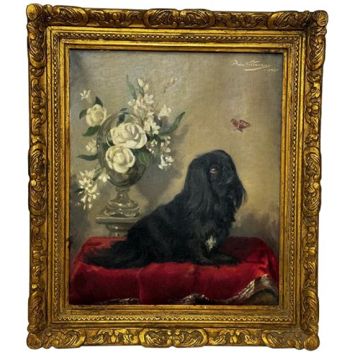 oil painting pekingese dog watching butterfly paul desmond fitzgerald - CATEGORY: ANTIQUE ART - DATED 1950
