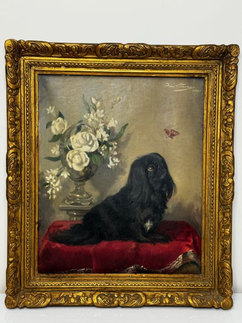 OIL PAINTING PEKINGESE DOG WATCHING BUTTERFLY PAUL DESMOND FITZGERALD - ADDITIONAL PHOTO 1
