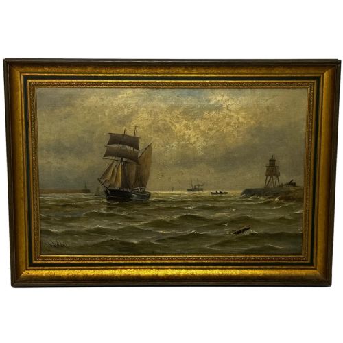 oil painting on tyne groyne herd lighthouse by john davison liddell - CATEGORY: ANTIQUE ART - DATED VICTORIAN
