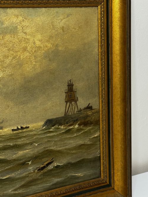 OIL PAINTING ON TYNE GROYNE HERD LIGHTHOUSE BY JOHN DAVISON LIDDELL - ADDITIONAL PHOTO 1