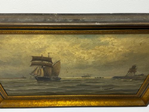 OIL PAINTING ON TYNE GROYNE HERD LIGHTHOUSE BY JOHN DAVISON LIDDELL - ADDITIONAL PHOTO 3