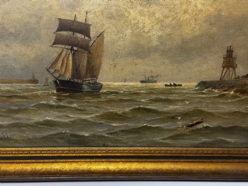 OIL PAINTING ON TYNE GROYNE HERD LIGHTHOUSE BY JOHN DAVISON LIDDELL - ADDITIONAL PHOTO 4
