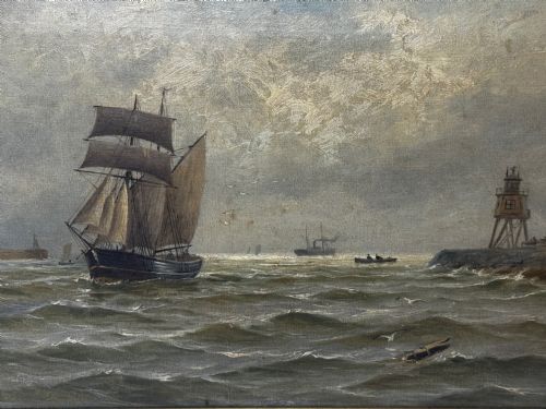 OIL PAINTING ON TYNE GROYNE HERD LIGHTHOUSE BY JOHN DAVISON LIDDELL - ADDITIONAL PHOTO 5