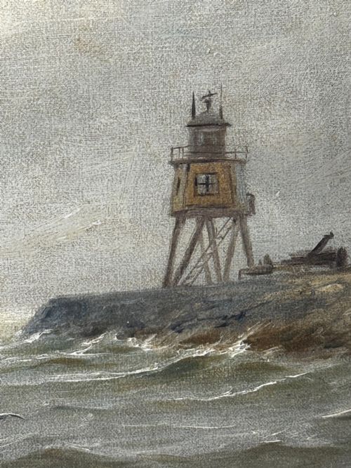 OIL PAINTING ON TYNE GROYNE HERD LIGHTHOUSE BY JOHN DAVISON LIDDELL - ADDITIONAL PHOTO 9