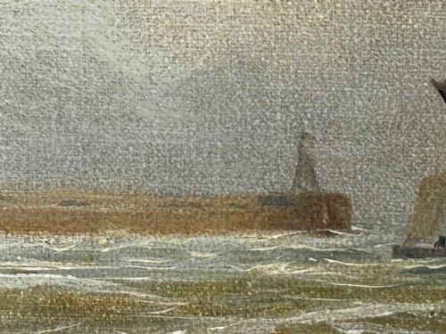 OIL PAINTING ON TYNE GROYNE HERD LIGHTHOUSE BY JOHN DAVISON LIDDELL - ADDITIONAL PHOTO 13