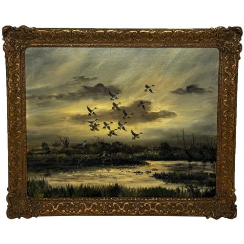 oil painting canadian ducks pintails flushed out duck duck go - CATEGORY: ANTIQUE ART - DATED 1950