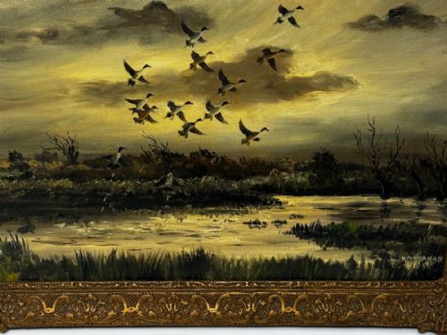 OIL PAINTING CANADIAN DUCKS PINTAILS FLUSHED OUT DUCK DUCK GO - ADDITIONAL PHOTO 2