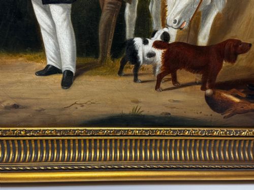 HUNTING PARTY OIL PAINTING LORD WITH PURDEY IN GREY TOP HAT DOGS - ADDITIONAL PHOTO 2