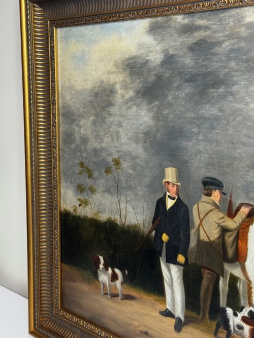 HUNTING PARTY OIL PAINTING LORD WITH PURDEY IN GREY TOP HAT DOGS - ADDITIONAL PHOTO 4