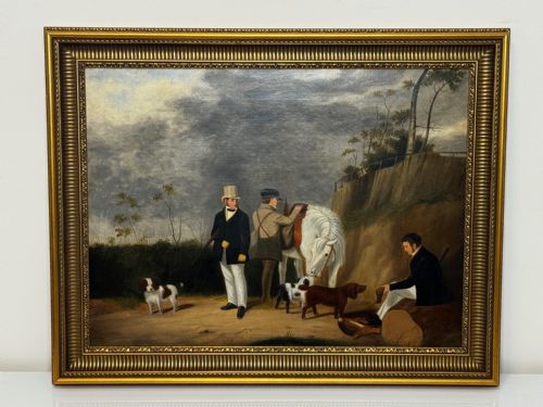 HUNTING PARTY OIL PAINTING LORD WITH PURDEY IN GREY TOP HAT DOGS - ADDITIONAL PHOTO 5