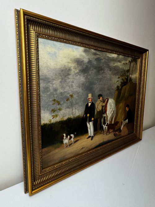 HUNTING PARTY OIL PAINTING LORD WITH PURDEY IN GREY TOP HAT DOGS - ADDITIONAL PHOTO 7