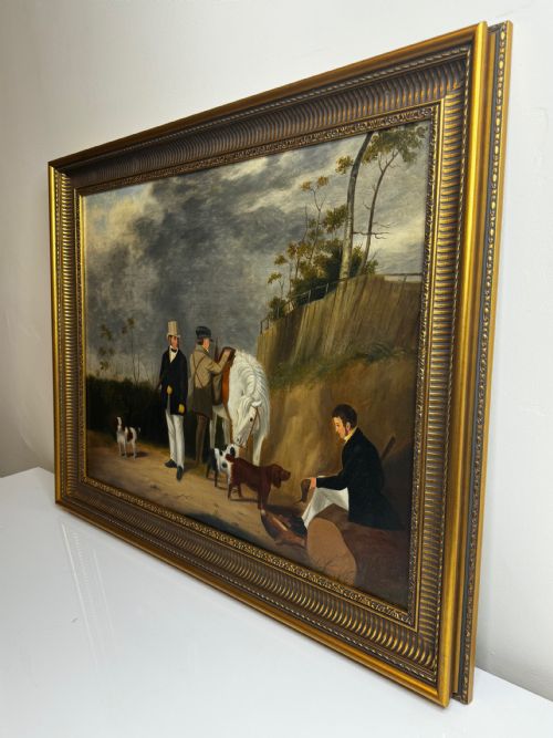 HUNTING PARTY OIL PAINTING LORD WITH PURDEY IN GREY TOP HAT DOGS - ADDITIONAL PHOTO 9